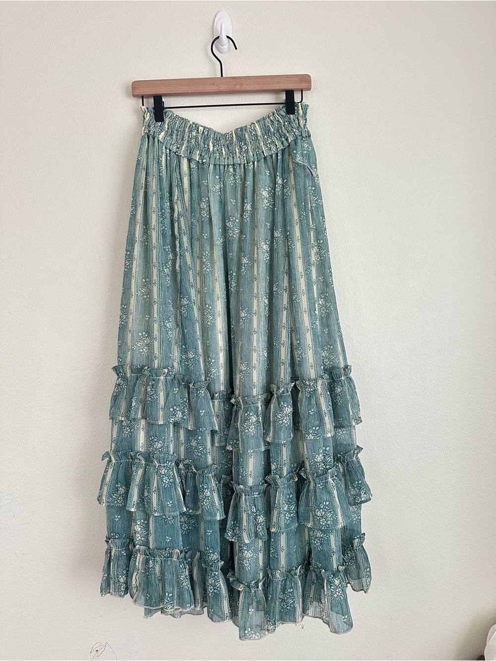 Free People Morning Mist Smocked Waist Teal Floral Ruffle Maxi Skirt